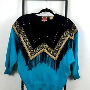Vintage Western Miller Suede Fringe Sweater Women V Neck Bat Sleeves